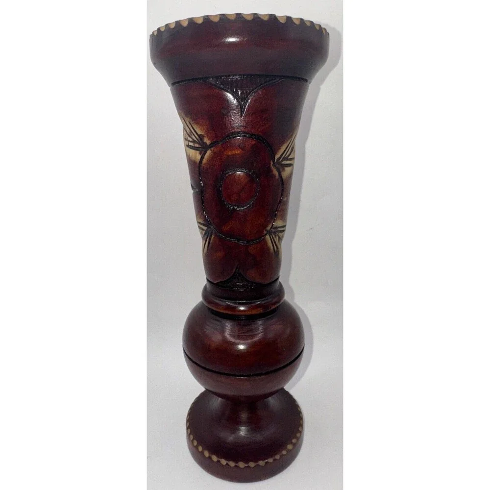 Vintage Hand Carved Wooden Etched Floral Vase  Bohemian 10 Inches
